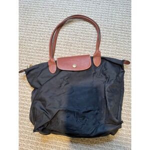 Longchamp Le Pliage Nylon Tote Bag Black Leather Handles small